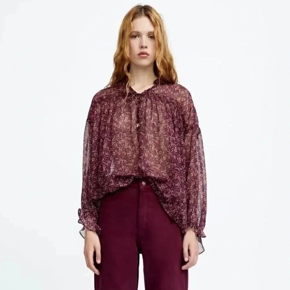 ZARA BOHO FLORAL PRINT METALLIC THREAD SHIRT